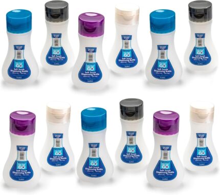 TSA Compliant Reusable Soft Touch Dispensing Travel Bottles with 12 Pieces, 3oz, Multicolor
