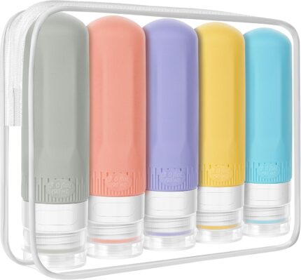 Travel Bottles Set for Toiletries, Refillable Liquid Silicone Squeezable Travel Essentials Accessories for Shampoo Conditioner Lotion, 3 floz Leak Proof Travel Size Containers