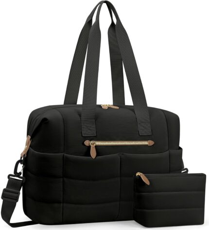 Travel Duffel Bag, Puffer Gym Bag for Women Lightweight Weekender Overnight Bags, Carry On Tote For Spirit Airlines Personal Item Bags with Toiletry Pouch（Black, M)