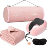 Travel Pillow and Blanket Set Neck Pillows Travel Essentials with Sleep Mask for Airplane Car Memory Foam Pink