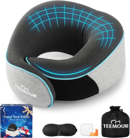 Upgraded Neck Pillow for Airplane Travel - 360° Support Gifts for Women/Men/Mom/Dad, Memory Foam Travel Pillow With Eye Mask & Earplugs, Portable Carry Bag for Long Flights| Best Airplane Accessories