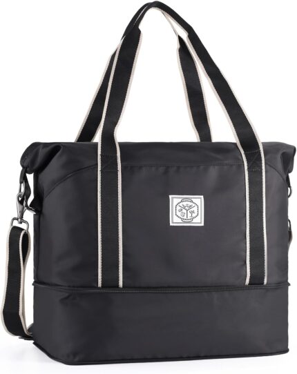 WALNEW Travel Duffel Bag, Weekender Overnight Carry On Bag for Women Men, Foldable Waterproof Gym Luggage with Metal Buckle Detachable Shoulder Strap and Wet Compartment (Black)