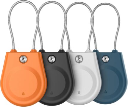 for AirTag Holder, Airtag Lock Case with Wire Cable, IPX8 Waterproof, for Luggage, Key Ring Key Chain Luggage tag Backpack (4 Pack-Black, Orange, White, Blue)