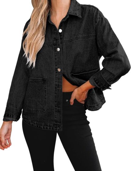 luvamia Denim Jackets for Women Trendy Oversized Long Sleeve Button Down Jean Jacket Casual Shacket with Patch Pockets