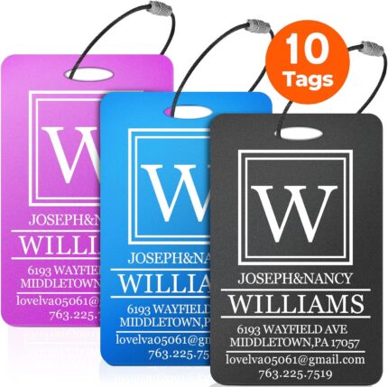 10 PCS Personalized Luggage Tags, Custom Engraved Aluminum Luggage Tags for Family, Metal Luggage Tags for Suitcases, Backpack, Custom Solid Brass Luggage Tag with Strap, Two Sided Engraving (Blue)