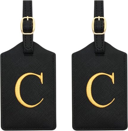 2 Pcs Initial Monogrammed PU Leather Embroidered Luggage Tags for Suitcases, Bags (C)