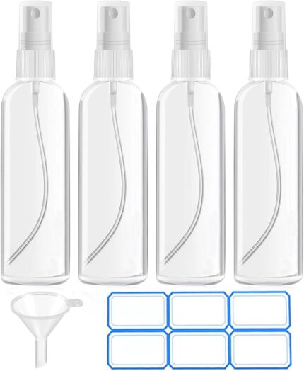 4 Pack 3.4 Oz (100ml) Small Spray Bottles, TSA Approved Travel Bottles for Toiletries with Labels - Fine Mist, Refillable, Reusable, Leak Proof