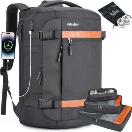 42L Travel Backpack with 4 Packing Cubes, TSA Friendly Flight Approved Carry-On Bag with USB Charging Port, Water-Resistant Weekender Business Backpack for Men Women, Fits 17.3" Laptop(Black)