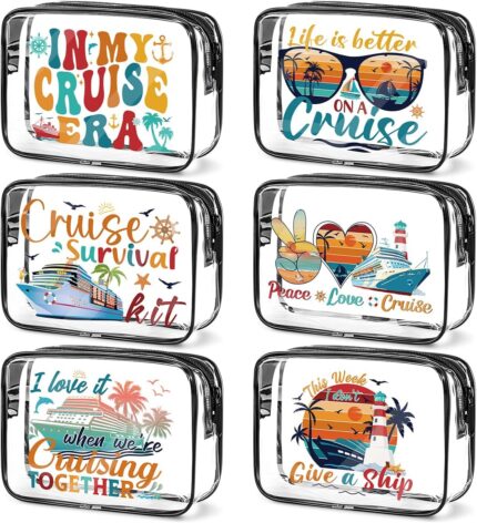 6 Pcs Clear Cruise Makeup Bags Gifts, Cruise Essentials Beach Cosmetic Bag for Women, Cruise Ship Survival Kits, Travel PVC Waterproof Toiletry Bags for Girls Sister Daughter Nurse Teacher