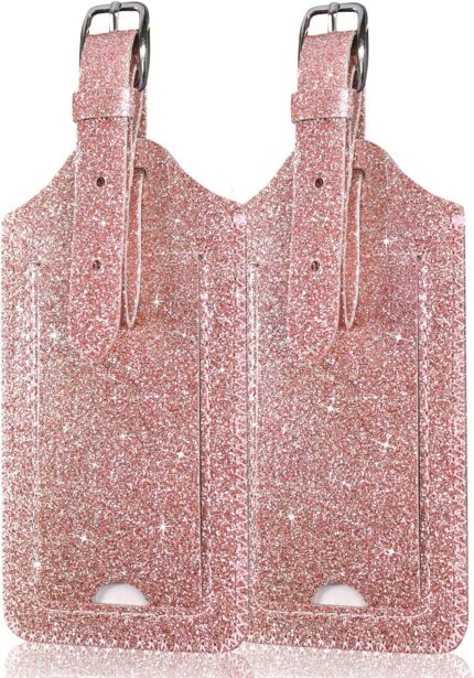 ACdream Luggage Tags 2 Pack, Leather Suitcase Identifiers, Cute Cruise ID Labels with Privacy Cover fits on Backpack for Women, Men, Adults, Kids, Travel Bag, Glitter Rose Gold
