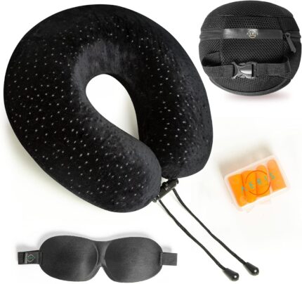 Aeris Memory Foam Travel Pillow for Airplanes - Best Airplane Neck Pillow for Long Flights - Plane Accessories Carry Bag to Save Space, Ear Plugs and Eye Mask - Perfect Flight Set & Gift
