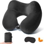 Anmerl Inflatable Travel Pillow Soft Velvet Portable Neck Pillow with Storage Bag for Airplane Train Car Office