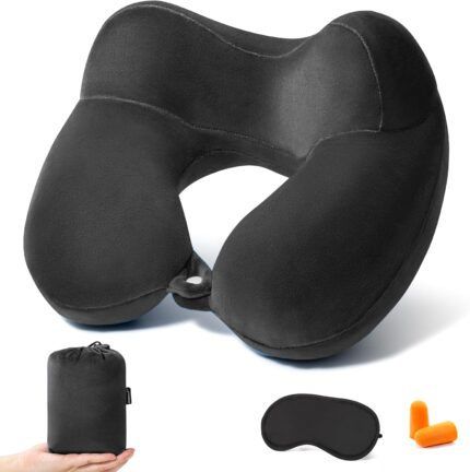Anmerl Inflatable Travel Pillow Soft Velvet Portable Neck Pillow with Storage Bag for Airplane Train Car Office