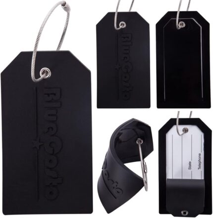 BlueCosto - Luggage Tags - Large, Black, 5 PK - PVC Suitcase Tags w/Privacy Cover & Stainless Steel Wire Loops - Personalized Baggage Identifiers for Travel - Backpack Name Labels