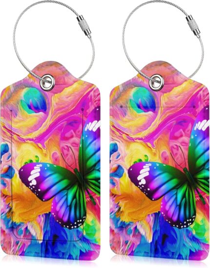 Butterfly Leather Cruise Luggage Tags for Suitcases With Stainless Steel Loop Privacy Cover ID Label Travel Bag Luggage Identifiers for Women Men Travel, Set of 2
