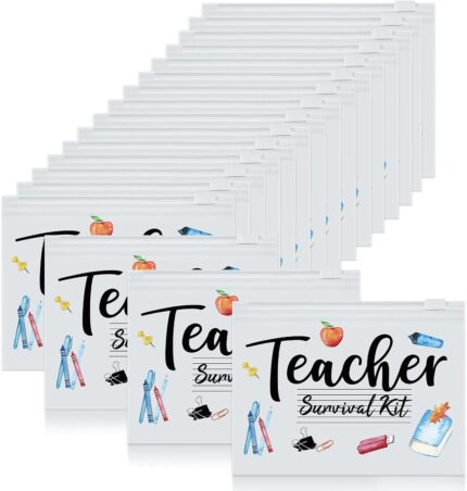 Cunno 60 Pcs Teacher Appreciation Gifts Bulk Small Waterproof Makeup Toiletry Bag Pouch Cosmetic Pencil Bag Thank You Gifts for Women Men Travel Graduation Season Supplies(Teacher Survival Kit)