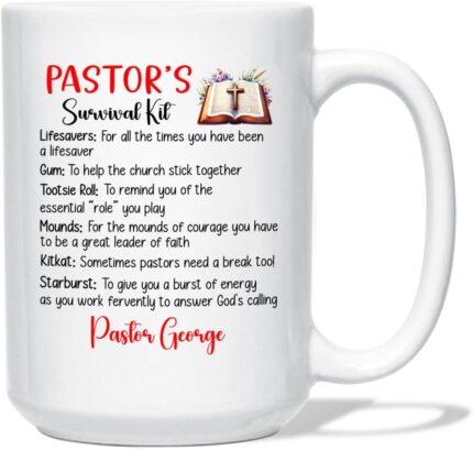 Customized Name Pastors Coffee Cup 11 Oz 15 Oz, Pastor Survival Kit Travel Cup, Personalized Pastor Ceramic Mug Gift For Birthday Christmas Appreciation, Novelty Sermonator White Coffee Mug Cup Gift
