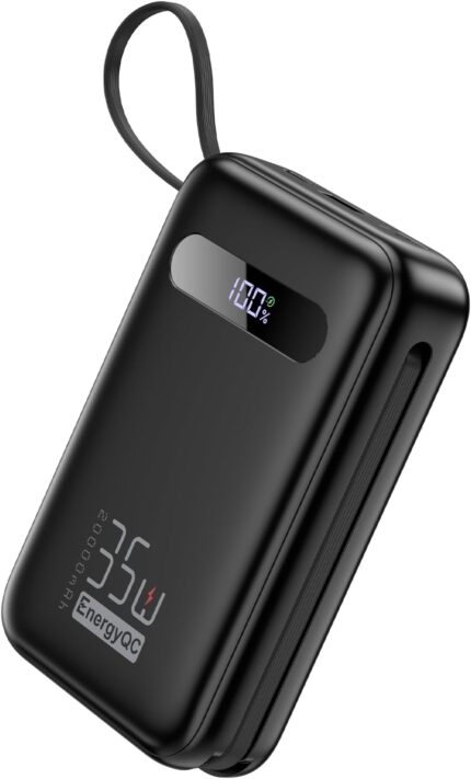 EnergyQC 20000mAh Portable Charger, 35W PD 3.0+QC 4.0 Fast Charging Power Bank with Built-in Lightning & USB-C in&Out Cables, Travel Battery Pack for iPhone 17/16/15/14, Samsung, iPad, Android, Black