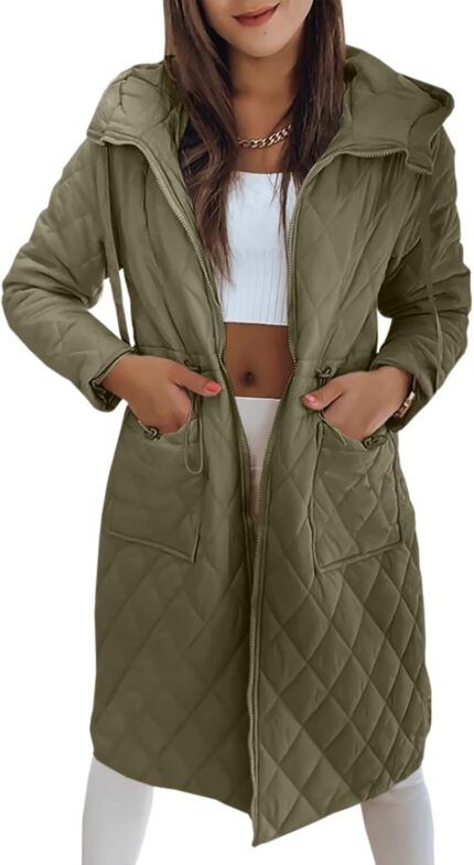 Imily Bela Womens Long Quilted Jackets Zip Up Hooded Drawstring Waist Coats with Pockets