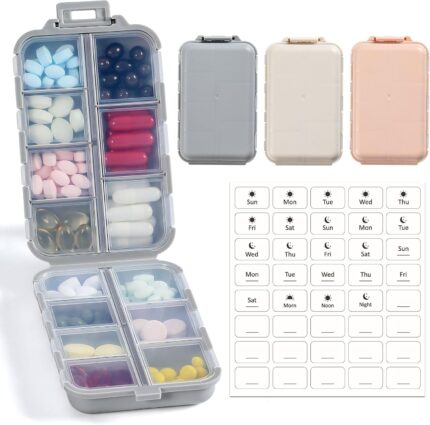 LANDNEOO 14 Grids Pill Organizer Box with Labels, Travel Medication Holder Dispenser Case Kit, Pocket Daily Pharmacy Container for Fish Oil Vitamin Supplement Storage, Khaki Pink Grey, 3 Pack