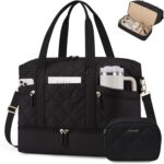 LOVEVOOK Travel Duffle Bag, Lightweight Weekender Bags for Women with Shoe Compartment, Puffer Gym Bag Personal Item Travel Bag, Quilted Overnight Bags and Hospital Bag for Labor and Delivery, Black