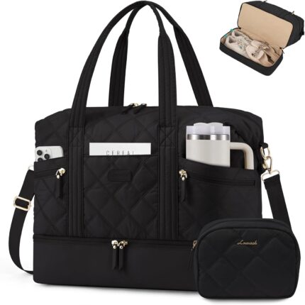 LOVEVOOK Travel Duffle Bag, Lightweight Weekender Bags for Women with Shoe Compartment, Puffer Gym Bag Personal Item Travel Bag, Quilted Overnight Bags and Hospital Bag for Labor and Delivery, Black