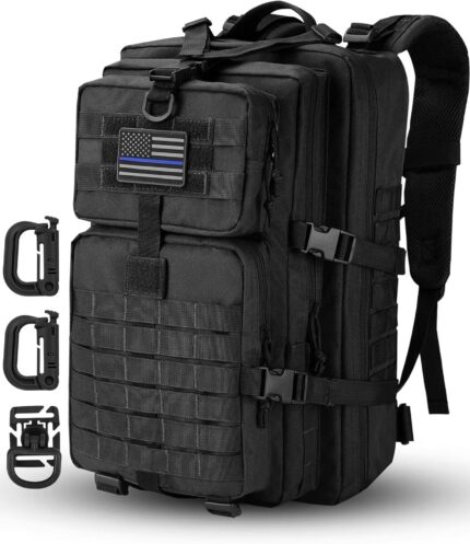 MOLLE Assault Backpack, Tactical Backpack Military Army Camping Rucksack, 3-Day Pack Trip w/USA Flag Patch, D-Rings, Black