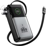 MOVE SPEED 3 in 1 Portable Charger with Built-in Retractable 27.6in Cable and Foldable Wall Plug, 35w 10,000mAh GaN Fast Charging Power Bank, Travel Essential Battery Pack for iPhone 17/16/15,Galaxy