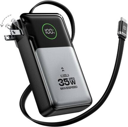 MOVE SPEED 3 in 1 Portable Charger with Built-in Retractable 27.6in Cable and Foldable Wall Plug, 35w 10,000mAh GaN Fast Charging Power Bank, Travel Essential Battery Pack for iPhone 17/16/15,Galaxy