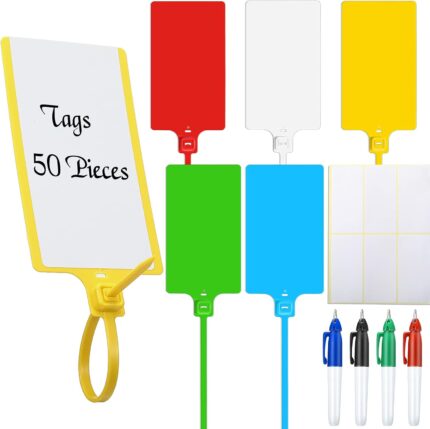 Pajean Waterproof Plastic Tags with Marker Pens and Sticker Labels, Self Locking Bag Writable Tags with Wire Cable Ties for Luggage(Multi Colors,50 Pieces)