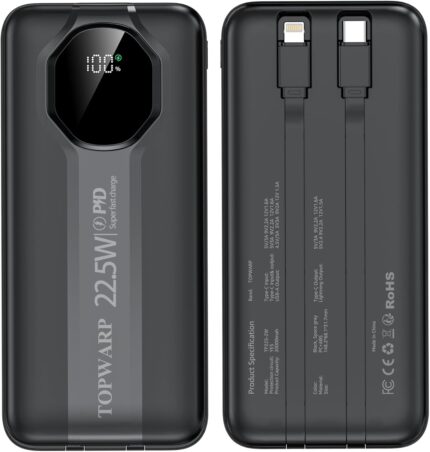 Power Bank, 20000mha Portable Charger with 4 Built-in Output Channels 2 Output Cables, PD22.5W and QC3.0 Fast Charger Power Bank, Compatible Android Phones Most Electronic Devices Black