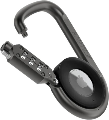 RAPTIC Upgraded Link & Lock for Apple AirTags, Anti-Theft, Heavy Duty Combination Lock Carabiner, Secure Polycarbonate Housing for Air Tags, 3-Digit Combination Lock, 4” Length Carabiner