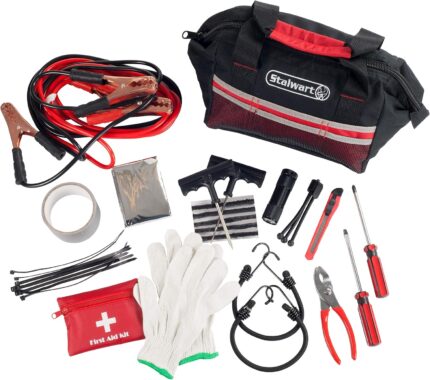 Roadside Emergency Car Kit - 55-Piece Set Includes Jumper Cables, Tire Repair Supplies, First Aid Kit, Flashlight, and Travel Bag by Stalwart (Red)
