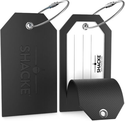 Shacke Large Luggage Tags (2pcs) with Privacy Cover and Steel Loops (Black)