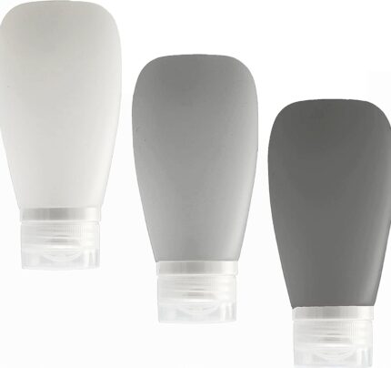 Travel Bottles for Toiletries, TSA Approved 3oz (90ml) Leak Proof Silicone Refillable Squeeze Travel Size Containers BPA Free for Cleansers, Lotions, Shampoo 3-pk (Black-Gray-White)