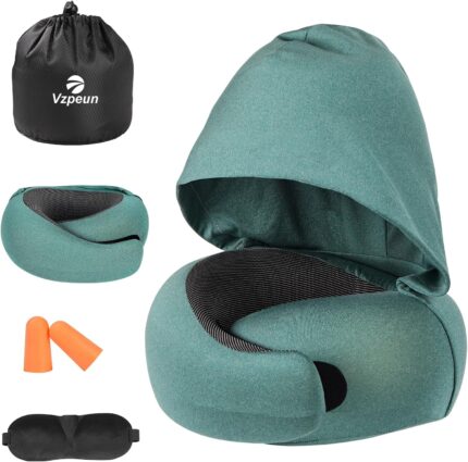 Travel Pillow - Hooded Neck Pillow Airplane Memory Foam Filling for Plane, Office, Cars Sleeping, Road Trip, Long Flights, Portable Plane Accessories, Includes Eye Mask & Earplugs (Green)