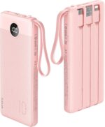VRURC Portable Charger Power Bank, 10000mAh Travel Essentials Battery Pack, 5 Outputs 2 Inputs Slim Charging Bank Built-in Cables Cords Wires Compatible with iPhone,Samsung,Android-Pink(1 Pack)