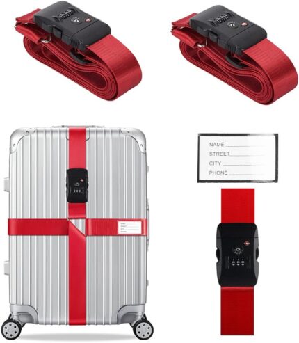 Veki Cross Luggage Straps Set TSA Approved with Lock Adjustable Travel Suitcase Belts Suitcase Tags with Name Id Card Packing Straps for Suitcases Strap Travel Accessories (Red, 2pcs)