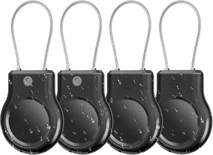 Waterproof Air Tag Keychain Holder - 4 Pack Air Tag Shockproof Lock Case with Wire Cable for Apple AirTags, Ultra Durable Anti-Lost Protective Case with Keyring for Luggage, Backpack, Pet (Black)