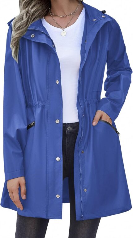 Zeagoo Raincoat Women Waterproof Long Hooded Rain Jacket Trench Coats Windbreaker Travel Jacket