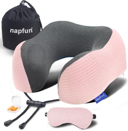 napfun Neck Pillow for Traveling, Upgraded Travel Neck Pillow for Airplane 100% Pure Memory Foam Travel Pillow for Flight Headrest Sleep, Portable Plane Accessories, Pink