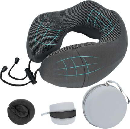 100% Memory Foam Travel Neck Pillow - U-Shaped Ergonomic 360° Neck Support, Slow Rebound, Washable Foldable with Storage Box for Airplane, Car, Office, Home & Napping - Dark Gray