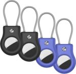 AirTag Keychain Holder - Air tag Lock Case with Wire Cable Compatible with Apple AirTag, Ultra Durable Anti-Lost Protective Case with Keyring for Luggage, Key, Backpack, Pet (Black/Blue (4 Pack))