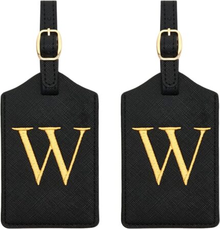 2 Pcs Initial Monogrammed PU Leather Luggage Tags Embroidered for Suitcases, Travel, Baggage Bags (W)