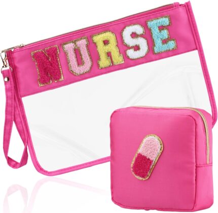 2 Pcs Nurse Gift Clear Makeup Bag Chenille Letter Patch Cosmetic Bag Zipper Pouch Nurse Survival Kit Travel Bag for Toiletries Waterproof Portable Travel Organizer Case for Women Girls