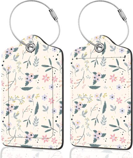 2Pack Luggage Tags for Suitcases, Cute Unique Pu Leather Cruise Luggage Tag with Privacy Cover ID Label Address Card and Metal Ring Suitable for Women Men Kids Travel Bag Beige Pink Crushed