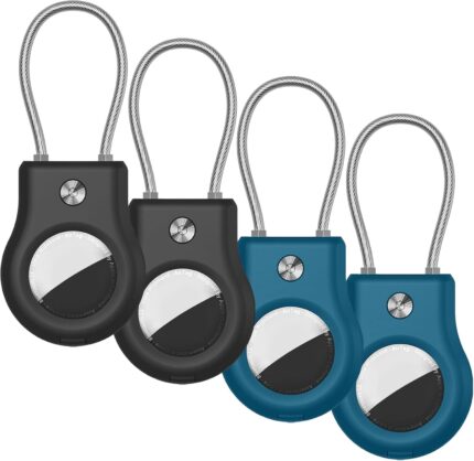 AirTag Keychain Holder - Air tag Lock Case with Wire Cable Compatible with Apple AirTag, Ultra Durable Anti-Lost Protective Case with Keyring for Luggage, Key, Backpack, Pet (Black/Dark Blue (4 Pack))