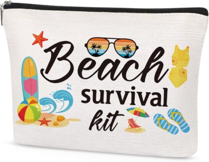 Beach Makeup Bag Gift, Beach Survival Kit Essentials Canvas Cosmetic Bags with Zipper Portable Accessories Pouch Travel Organizer for Girls Women Sister Sunscreen Bag