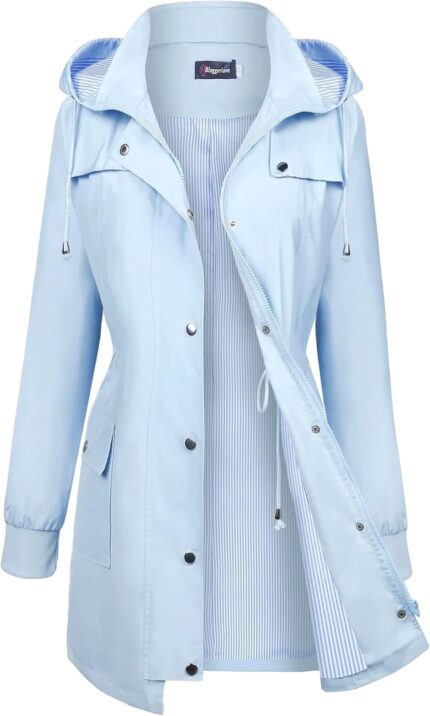 Bloggerlove Rain Jacket Women Lightweight Raincoat Waterproof Windbreaker Striped Climbing Outdoor Hooded Trench Coats S-XXL