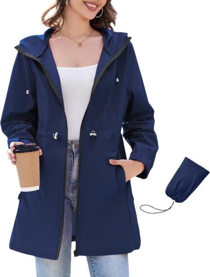 Century Star Womens Rain Jacket with Hood Packable Lightweight Raincoats for Women Waterproof Long Rain Coat Windbreaker